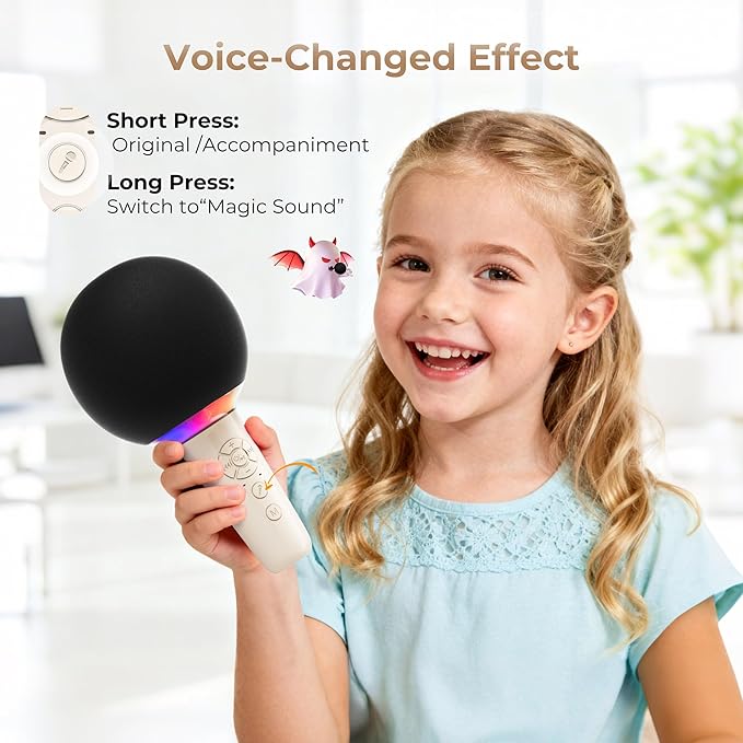 Wireless Bluetooth Karaoke Microphone for Kids, Portable Handheld Karaoke Mic Speaker Toys with LED Light, Best Christmas Birthday Festival Party Gift for 3 4 5 6 7 8 9+ Year Old Girls Boys (Beige)