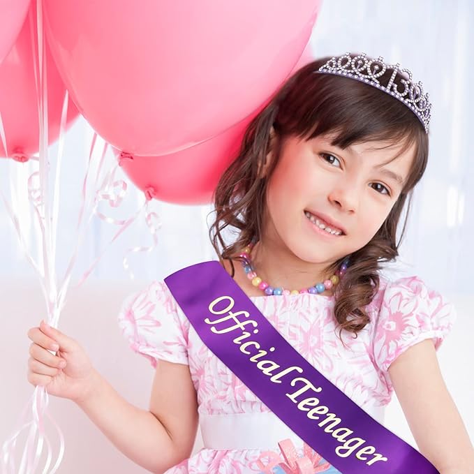 CIEHER Purple 13th Birthday Crown & Sash Set, Tiara, Decorations, Teen Girl Gifts