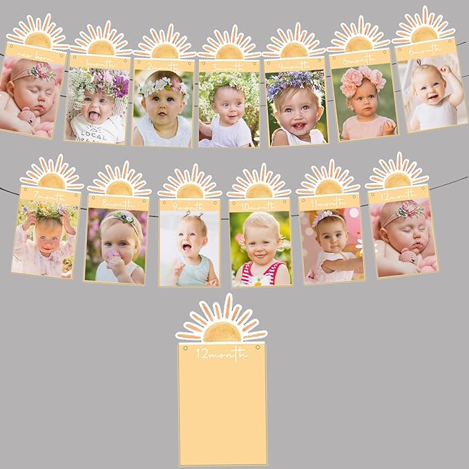 First Trip Around the Sun 12 Month Photo Banner Boho Sun 1st Birthday Decorations Party Supplies Sunshine First Birthday Decor for Baby Boys & Girls