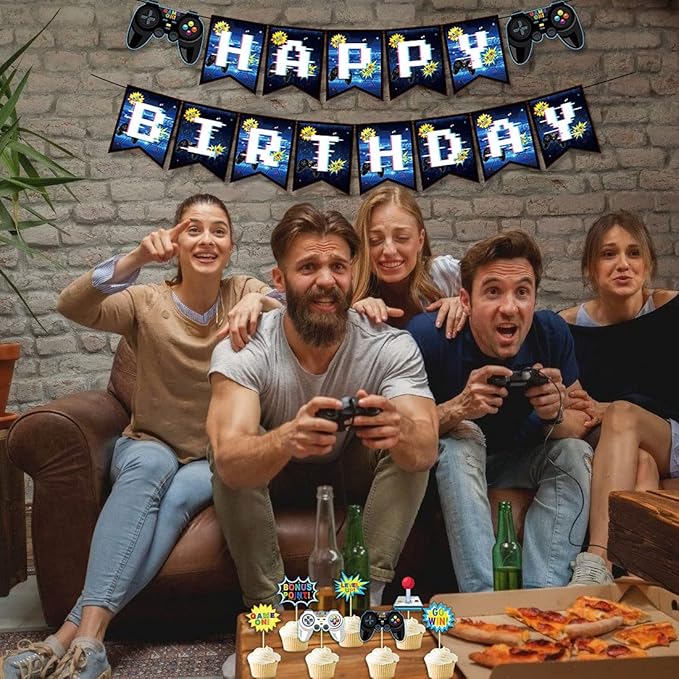 Video Game Party Supplies - Game Birthday Decoration Kit for Boys, Including HAPPY BIRTHDAY Banner, Plates, Cups, Napkins, Tableware, Tablecloths, for Kid Birthday Decoration - Serves 20