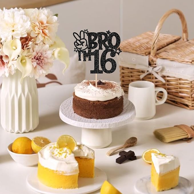 1 PCS Brother I'm 16 Cake Topper Glitter Star Happy 16th Birthday Cake Pick Bro I'm 16 Cake Decoration It's My 16th Birthday Decorations for Boys Cheers to 16 Years Old Birthday Party Supplies Black