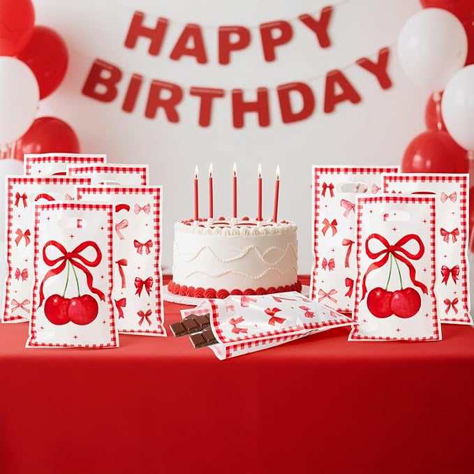 Bow Party Favor Bags - 50Pcs Red Cherry Goody Candy Treat Gifts Bags Bow themed Party Decorations for Kids Girls Women Birthday Wedding Bridal Baby Shower Bachelorette Party Supplies