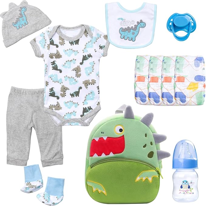 PEDOLLTREE Reborn Baby Dolls Clothes Accessories Dinosaur Outfit Set 12 Pcs Set for 17-22 Inch Reborn Doll Newborn Baby Boy with Green Dinosaur Backpack
