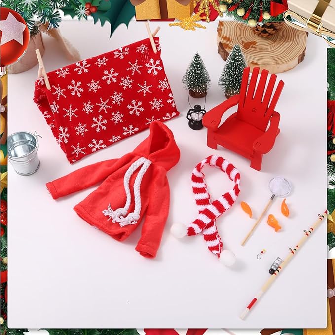 Christmas Elf Doll Accessories Set - 11Pcs Elf Doll Fishing Accessories Include Fishing Outfit Camping Accessories for Elf Dollhouse,Xmas Elf Clothes and Toy Accessories