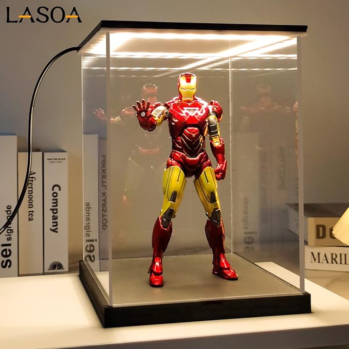 LASOA Acrylic Display Case for Collectibles with LED Light, Alternative Glass Display Box with Black Base and Lid, Self-Assembly Clear Storage Showcase for Figurine Memorabilia (4x4x4inch;10x10x10cm)
