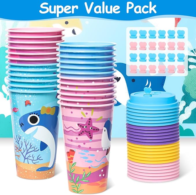 Lidmada Shark Party Favors Goodie Cups with Lids, 24 Pack Birthday Party Cups in 4 Colors, 16OZ Plastic Ocean Shark Themed Reusable Party Supplies Decorations Cups for Baby Kids Christmas Winter Gifts