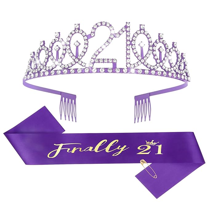 CIEHER Purple 21st Birthday Tiara and Sash, 21st Birthday Crown