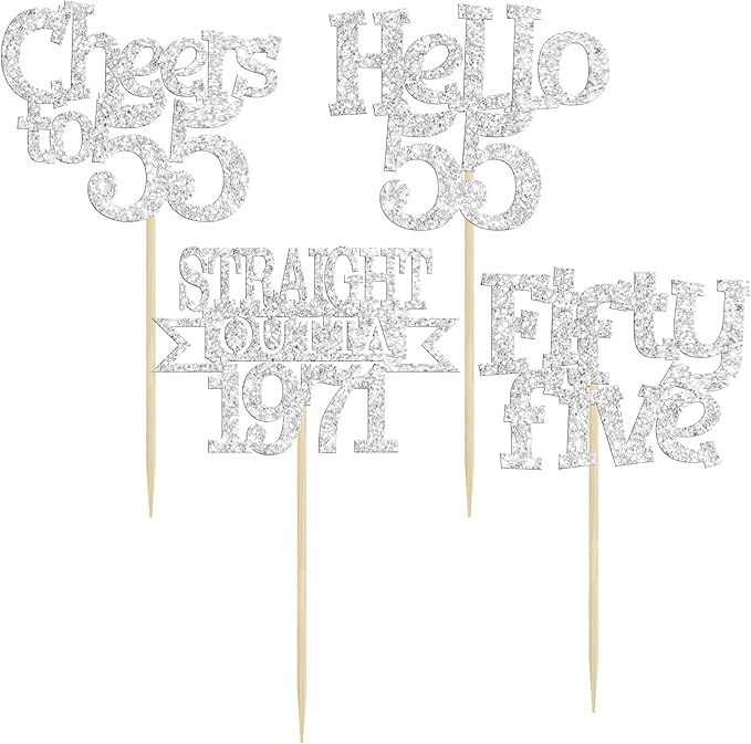 Ephlyn 24Pcs 55th Birthday Cupcake Toppers Glitter Straight Outta 1971 Cupcake Picks Hello 55 Cheers to 55 Years Cake Decorations for 55th Birthday Anniversary Party Decorations Supplies Silver