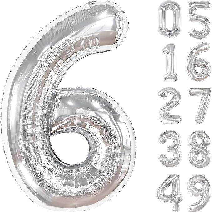 40 Inch Silver Mylar Foil Number 6 Birthday Balloon, Digital Balloons for 6 16 Boy Girl Party Decorations Supplies, Big Helium Balloon Numbers for 26 36 46 60 Men Women Anniversary