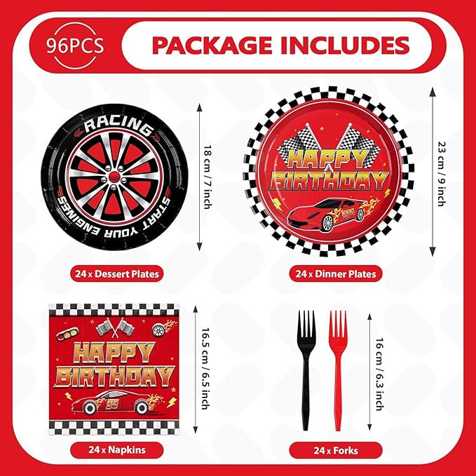 Grencian 96Pcs Red Race Car Happy Birthday Party Decorations Supplies Hot Car Plates and Napkins Racing Themed Checked Flag Tableware for Boys Transportation Birthday Party Decorations Serve 24