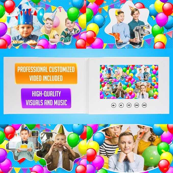 Custom Kids Birthday Video Card for Boys – Upload Photos for Animated Slideshow – 7” LCD Display, 4GB Memory, Rechargeable Battery, Birthday Keepsake Gift