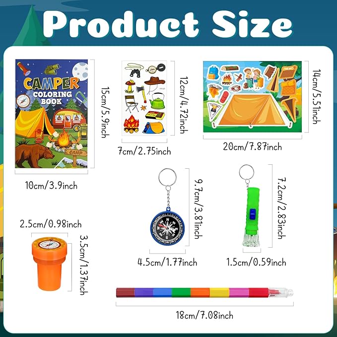 Cinrobiye 72 Pcs Happy Camper Party Favors Bulk, Summer Camper Birthday Party Supplies, Adventure Camping Coloring Book with Crayons Tattoos Stampers for Pinatas Gifts，Camper Party Goodie Bag Fillers