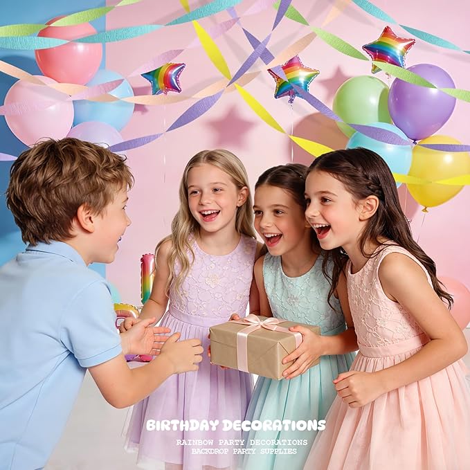 Pastel Rainbow Crepe Paper Streamers - 6 Rolls Macaron Party Streamer Decorations for Birthday, Baby Shower Easter Unicorn Mermaid Theme Supplies - Pink Blue Yellow Green Purple Peach Hanging Backdrop