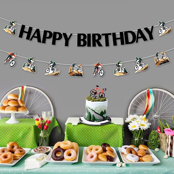 JOYMEMO Mountain Bike Birthday Banners, BMX Bicycle Birthday Decorations for Teens Adults, Sports Racing Bikes Theme Party Supplies Pre-strung
