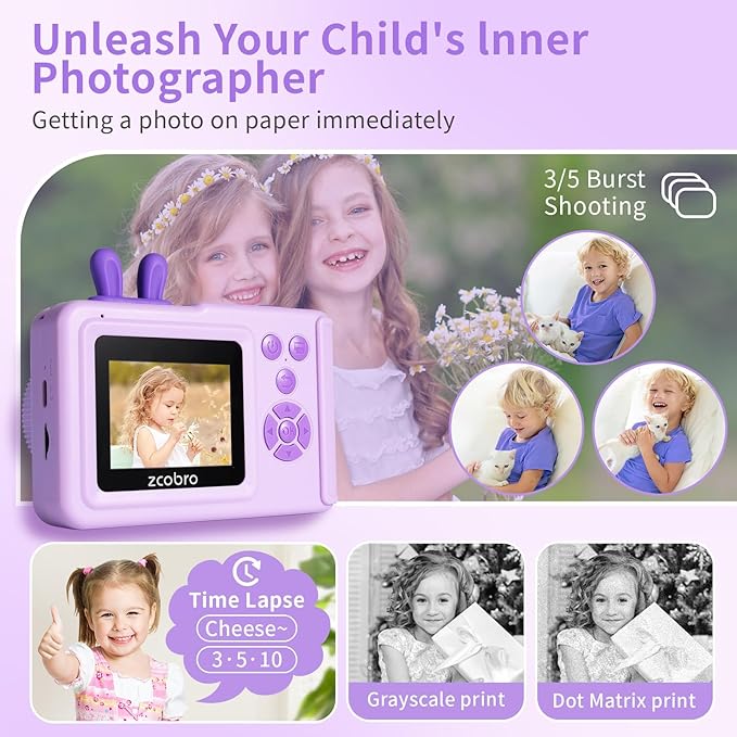 Kids Camera Instant Print Camera for Kids 1080P Toddler Camera That Print Photos Children Instant Cameras Toy for Girls Boys Age 3-12 Travel Kid Digital Camera Christmas Birthday Gifts (Purple)