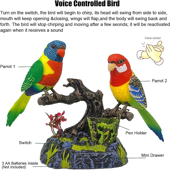 nulala Two Simulation Parrots Birds Desk Ornament - Voice Controlled Parrots Chirping and Wings Flap - Electronic Birds Pet for Home Garden Decor Ornament (513CE)