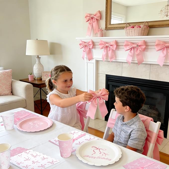 96 Pcs Pink Bow Plates and Napkins Tableware Set (Serve 24), Bow Birthday Decorations, Party Supplies Include Plates Napkins Plastic Forks, Pink Birthday Decorations