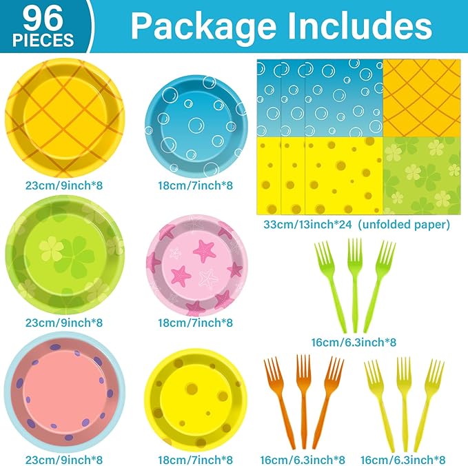 96Pcs Yellow Cartoon Party Plates and Napkins Cartoon Themed Party Decorations Ocean Paper Plate Under the Sea Animal Disposable Tableware Set for Boys Girls Birthday Decorations Baby Shower Serves 24