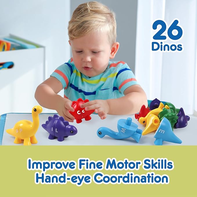 26pcs Alphabet Dinosaurs Matching Toy, Toddlers ABC Learning Dinosaurs with Uppercase Lowercase, Match and Snap Fine Motor Game Preschool Learning Activities, Birthday Gifts for Boys & Girls