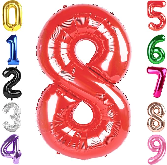 40 Inch Red Number 8 Balloon, Giant 8 Number Balloons for 8th Birthday Decorations, Party Supplies for Baby Boy Girl, Red Party Decor