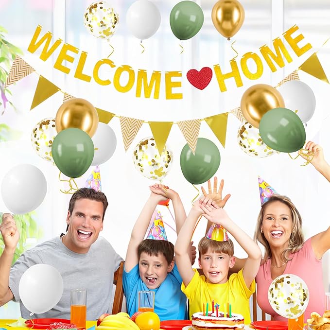 Welcome Home Decorations,Green Gold Welcome Home Balloons Banners Set Glitter Banner with Confetti Balloons,Pennant Flag Bunting for Home Family Baby Shower Welcome Back Party Supplies