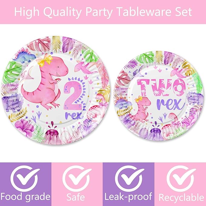 80 Pcs Watercolor Dinosaur 2nd Birthday Decorations 2 Rex Pink Dino Birthday Tableware Includes Plates, Forks, Napkins for Girls Roar I'm 2 Dinosaur Two Year Old Birthday Party Supplies Favors