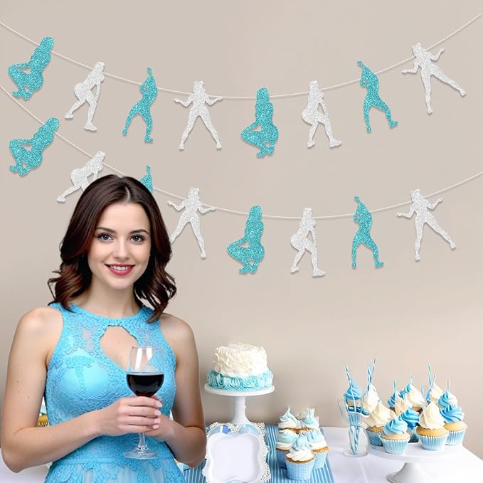 Cheereveal 2 Pack Twerk Garlands Teal Blue and Silver for Girls Woman, Pole Dance Glitter Banner Decorations, Funny Stripper Theme Bachelorette Birthday Bridal Shower Engagement Party Supplies
