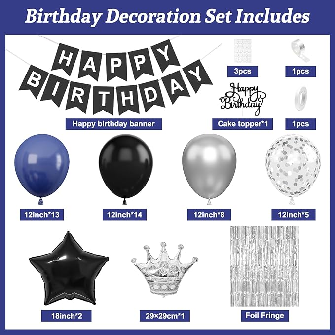 Navy Blue and Black Happy Birthday Decorations for Men, Birthday Decorations Supplies with Blue Black Balloon Banner Fringe Curtains Foil Balloons Cake Topper for Men Boys Party Decor