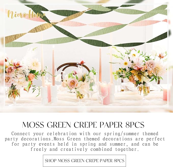 NICROHOME EUR Wedding Party Decorations, 8 Rolls Moss Sage Green Pink Crepe Paper Streamers for Boho Baby Shower, Wedding, Engagement Party, Spring Party, Birthday Party Supplies, 82 ft Long