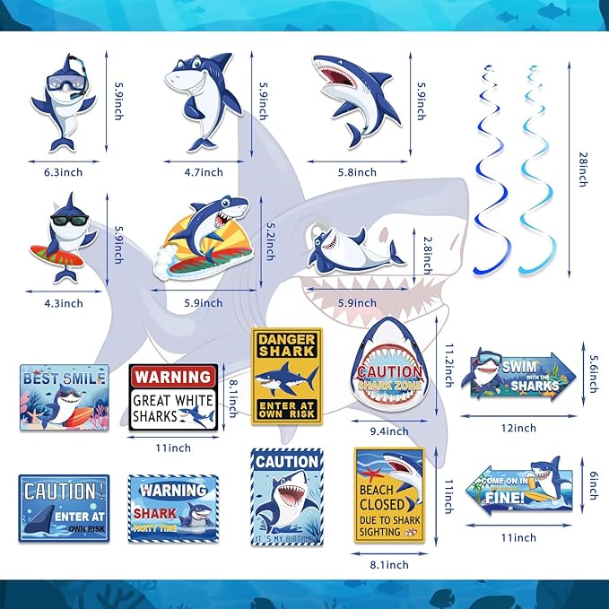 Mpanwen Shark Party Supplies, 216Pcs Shark Themed Birthday Party Decorations Decor - Banner, Paper Glasses, Balloons, Cake Toppers, Plates, Tablecloth, Hanging Swirls, Wall Signs Serves 16 Guests