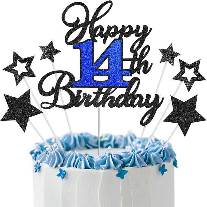 14th Birthday Cake Topper, Black Blue Happy 14th Birthday Cake Toppers for Boy Girl, 14 Years Old Birthday Party Supplies, Glitter Cake Decor, 14th Birthday Cake Decorations