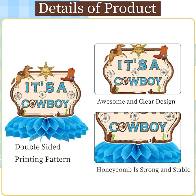Gameza Western Cowboy Baby Shower Decorations, 9PCS a Little Cowboy is on The Way Baby Shower Honeycomb Centerpiece Decoration, Western Themed Gender Reveal Decor Supplies
