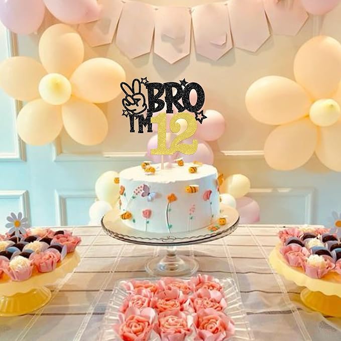 1 PCS Brother I'm 12 Cake Topper Glitter Star Happy 12th Birthday Cake Pick Bro I'm 12 Cake Decoration It's My 12th Birthday Decorations for Boys Cheers to 12 Years Old Birthday Party Supplies Gold