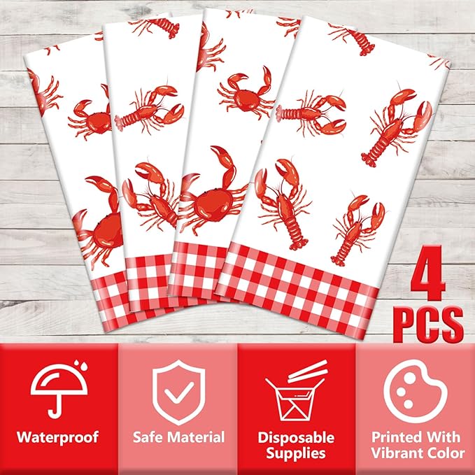Seafood Boil Party Tablecloths, 4 Pcs Disposable Crawfish Crab Boil Table Cloths for Seafood Theme Party Supplies Dining Kitchen Decorations, 51 x 86 inch