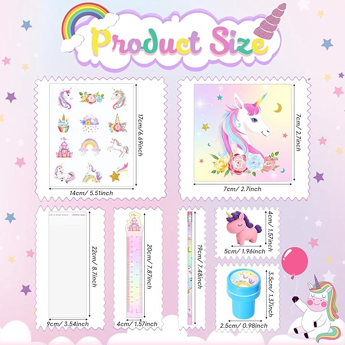 PerKoop 168 Pcs Unicorn Valentine's Day Favors Unicorn Goodie Favor Bags with Mini Notebook Pencil Sticker Stamp Pastel Rainbow Birthday Decor Prizes Gifts Goody Favors Bag Piñata Fillers Supplies