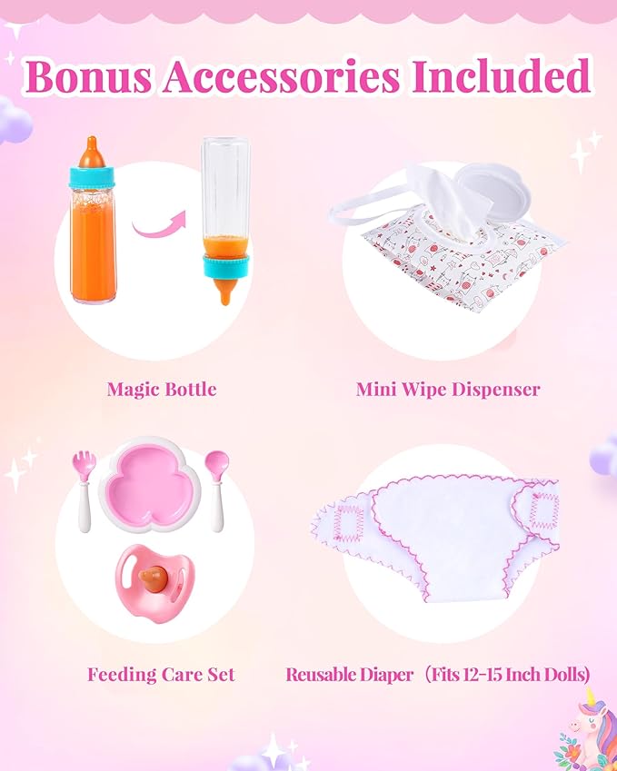 BABESIDE 14 Pcs Baby Doll Diaper Bag Set with Magic Bottles, Baby Doll Accessories Includes Changing Mat, Diapers and Bottle with Disappearing Milk for 12-16 Inches Dolls Kids Gift