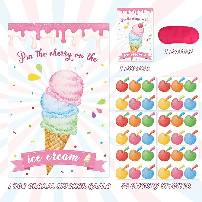 Hooqict Pin The Cherry On The Ice Cream Game Birthday Party Games for Kids Ice Cream Theme Party Decorations Supplies for Girls, Large Ice Cream Poster with 36 Cherry Stickers Wall Decor