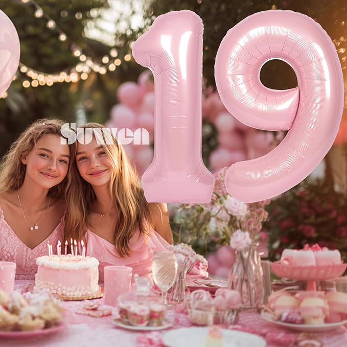 SUWEN 40 Inch Pink Large 19 Number Balloons Big Foil Helium Number Balloons 0-9 Jumbo Happy 19th Mylar Birthday Party Decorations for Girl or Women 91 Anniversary Party Supplies