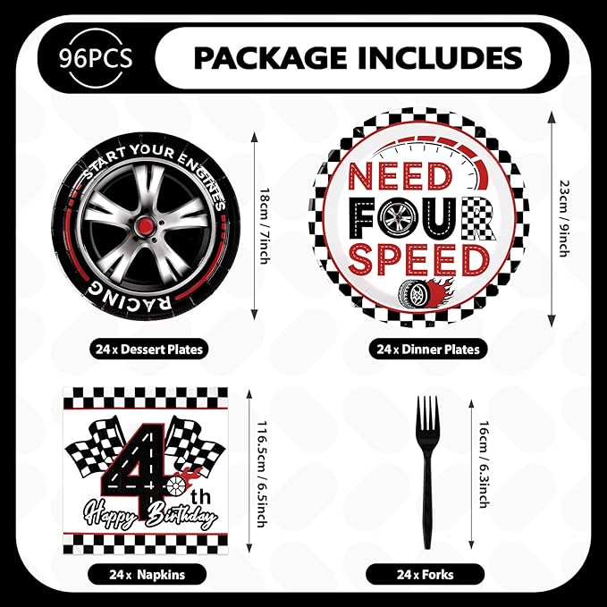 96 Pcs Need Four Speed Birthday Decorations Disposable Race Car Themed 4th Party Plates and Napkins Checkered Flag Tableware Set for Kids Boys Racing Car 4 Year Old Birthday Party Supplies Serves 24