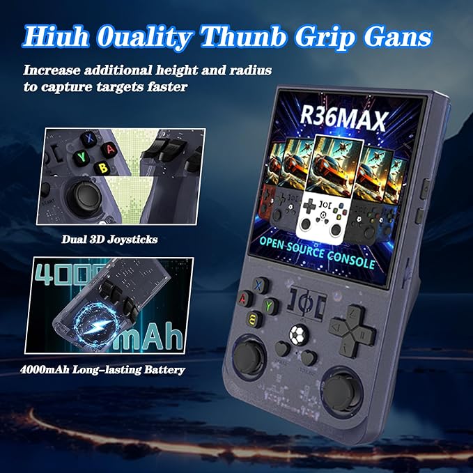 R36MAX 4000mAh Portable Rechargeable Handheld Retro Game Console,Comfort Non-Slip Handheld Standing Retro Game Console with 64G TF Car,4.0-inch Screen,for Office,Purple Gray