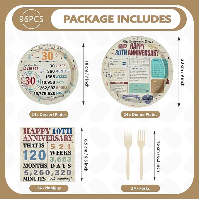 96Pcs 30th Anniversary Party Decorations Retro 30 Years Wedding Aday Plates and Napkins Happy 30th Anniversary Disposable Tableware Set for Vintage 30 Year Wedding Party Supplies Serves 24