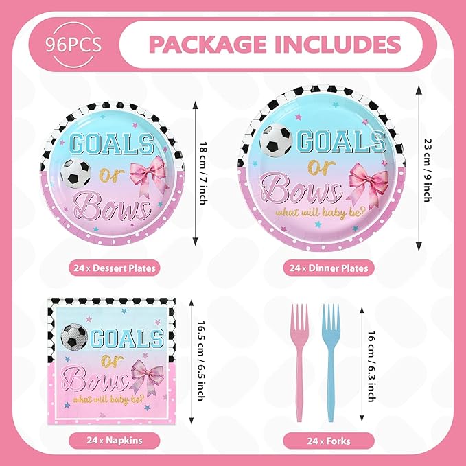 96Pcs Goals or Bows Gender Reveal Party Decoration Soccer Bows Plates and Napkins Blue Pink Watercolor Disposable Tableware Set for He or She Sports Gender Reveal Party Supplies Serves 24