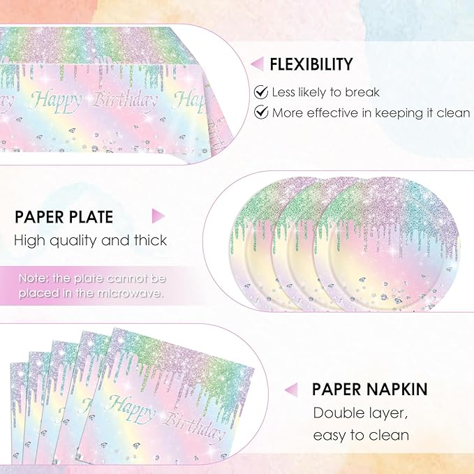 41Pcs Pastel Birthday Decorations Pastel Rainbow Tableware Set Disposable Paper Plates,Napkins,Tablecloth丨Rainbow Birthday Decorations for Girls,Baby Shower,Bridal Wedding Party Supplies,Serve 20