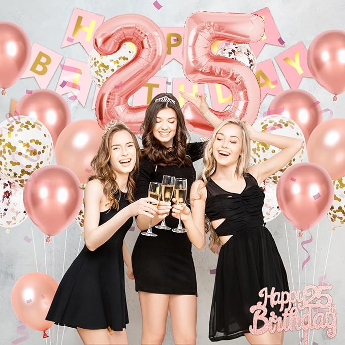 25th Happy Birthday Party Decorations, Rose Gold Birthday Decorations With Number 25 Balloons Gold Confetti Balloons Fringe Curtain Triangle Flag Banner Cake Topper For Girl Women Party Supplies