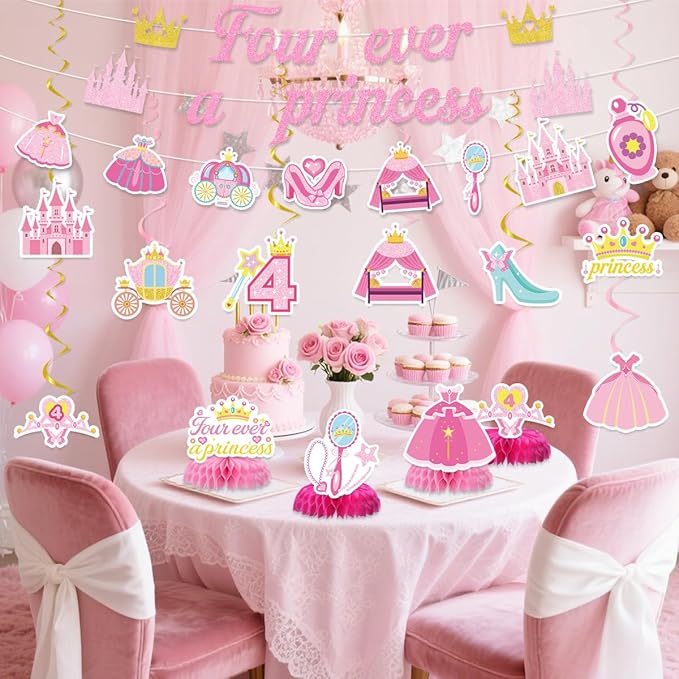 Princess 4th Birthday Party Decorations for Girls Include Four Ever a Princess Glitter Banners Hanging Swirls Honeycomb Centerpieces Pink Fourever Theme 4 Years Old Birthday Party Supplies