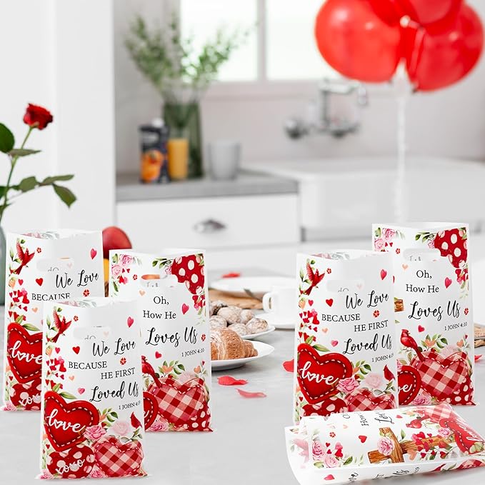 Religious Valentine’s Day Party Favor Bags - 50Pcs Valentines Religious Christian Cross John 4:19 Goody Candy Treat Bags, Bible Verse Themed Party Decorations for Church Sunday School