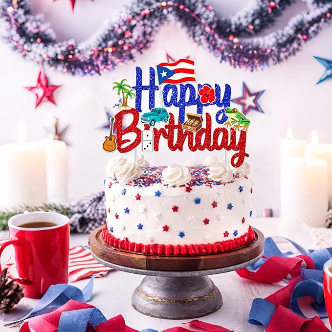 Puerto Rico Cake Topper Glitter Puerto Rican Theme Birthday Party Decoration Puerto Rican Cake Decorations Frog Cigar Vintage Car Cake Picks for National Day Patriotic Festival Supplies