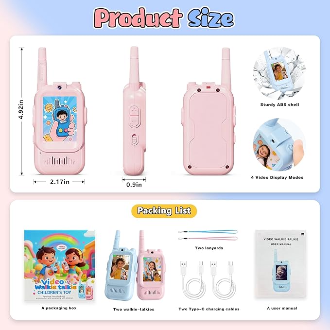 Video Walkie Talkies for Kids,with Long-Distance Transmission and High-Definition Display,Suitable As Gifts for Boys and Girls Aged 3-12,Perfect for Family Games (Pink + Blue)