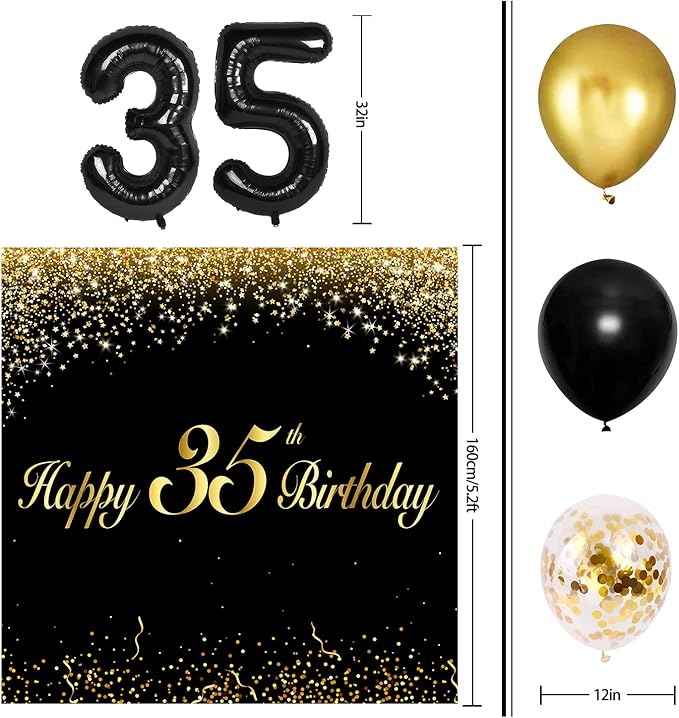 Happy 35th Birthday Balloons Black Set Decor - Cheers to 35 Years Old Party Theme Garland Banner Backdrop Decorations For Women and Men Supplies