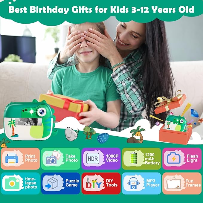Kids Camera Instant Print,Children Digital Camera Toys with HD Video for Kids Aged 3-12,Christmas Birthday Festival Present for Girls Boys,with 7 Rolls Instant Paper,M3